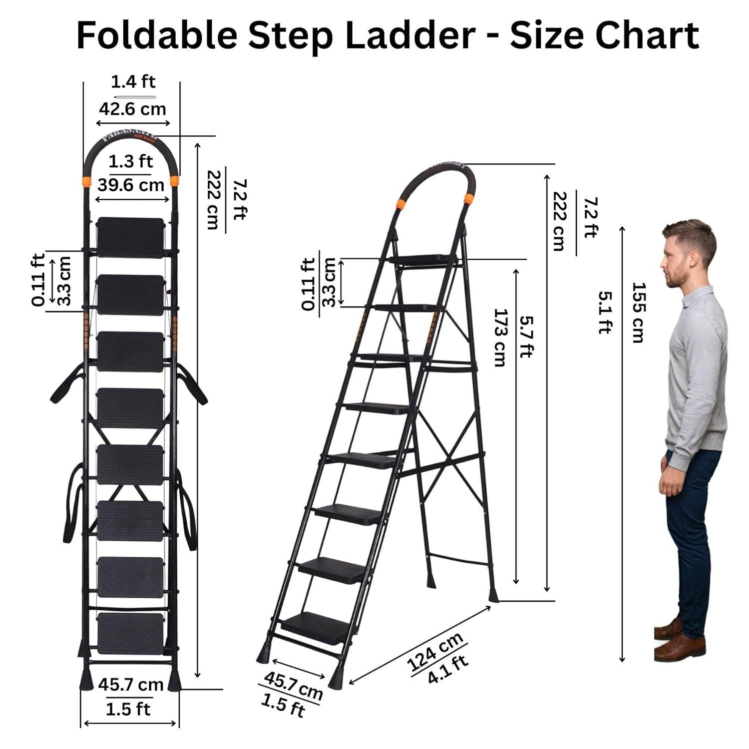 Parasnath GoUp 8 Step Foldable Steel Black Step Ladder – Heavy-Duty and Lightweight Step Ladder with Anti-Skid Wide Plastic Steps, Safety Handle, High Reach Platform for Home, Kitchen, Office, Warehouse Use - 6 Year Manufacturer Warranty - Made in India - PARASNATH