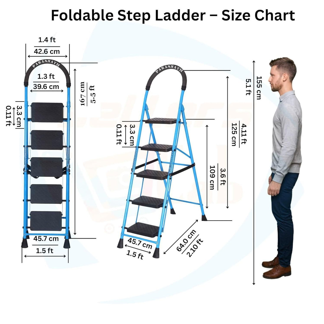 Parasnath GoUp 5 Step Foldable Steel Blue Step Ladder – Heavy-Duty and Lightweight Step Ladder with Anti-Skid Wide Plastic Steps, Safety Handle, High Reach Platform for Home, Kitchen, Office, Warehouse Use - 6 Year Manufacturer Warranty - Made in India - PARASNATH