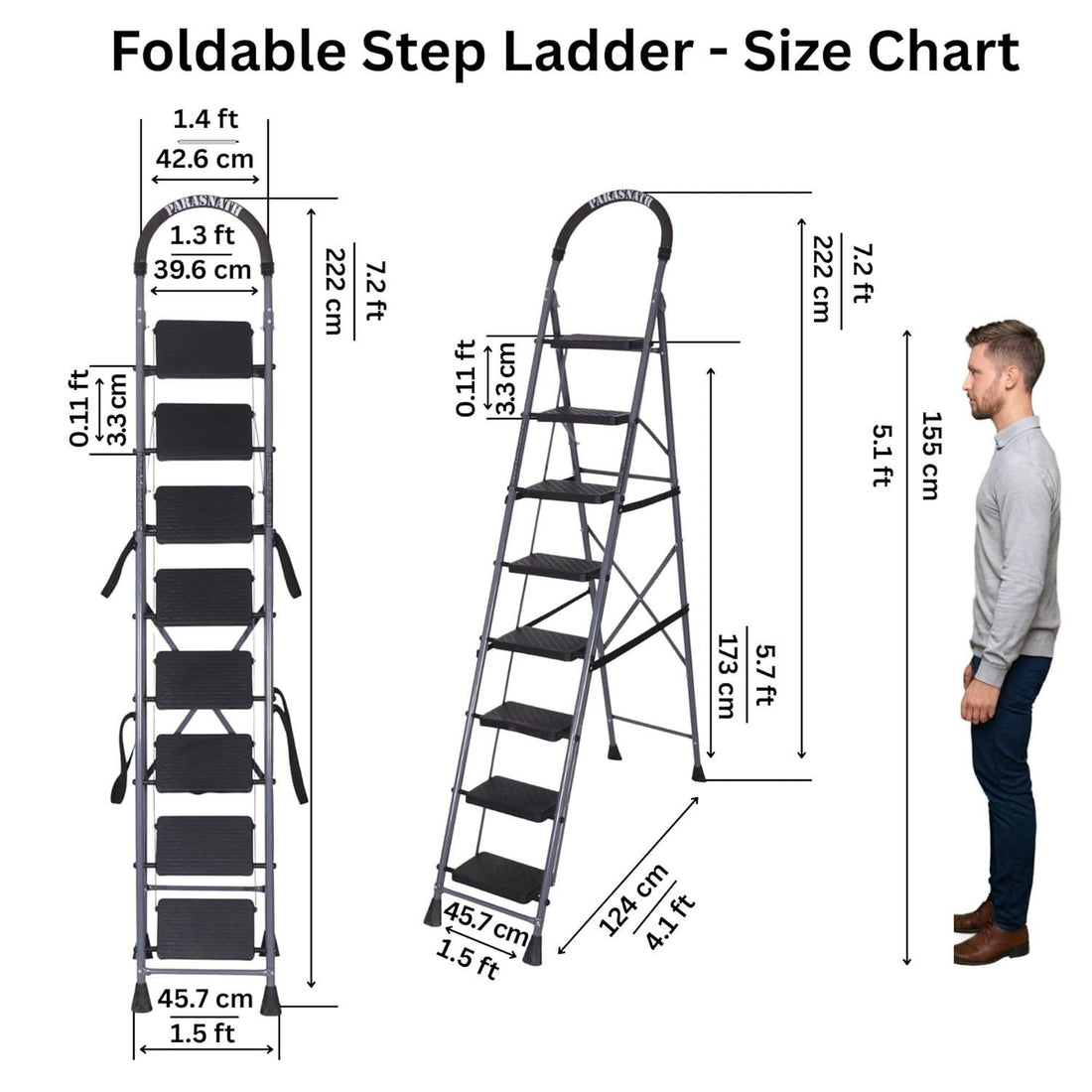 Parasnath GoUp 8 Step Foldable Steel Grey Step Ladder – Heavy-Duty and Lightweight Step Ladder with Anti-Skid Wide Plastic Steps, Safety Handle, High Reach Platform for Home, Kitchen, Office, Warehouse Use - 6 Year Manufacturer Warranty - Made in India - PARASNATH