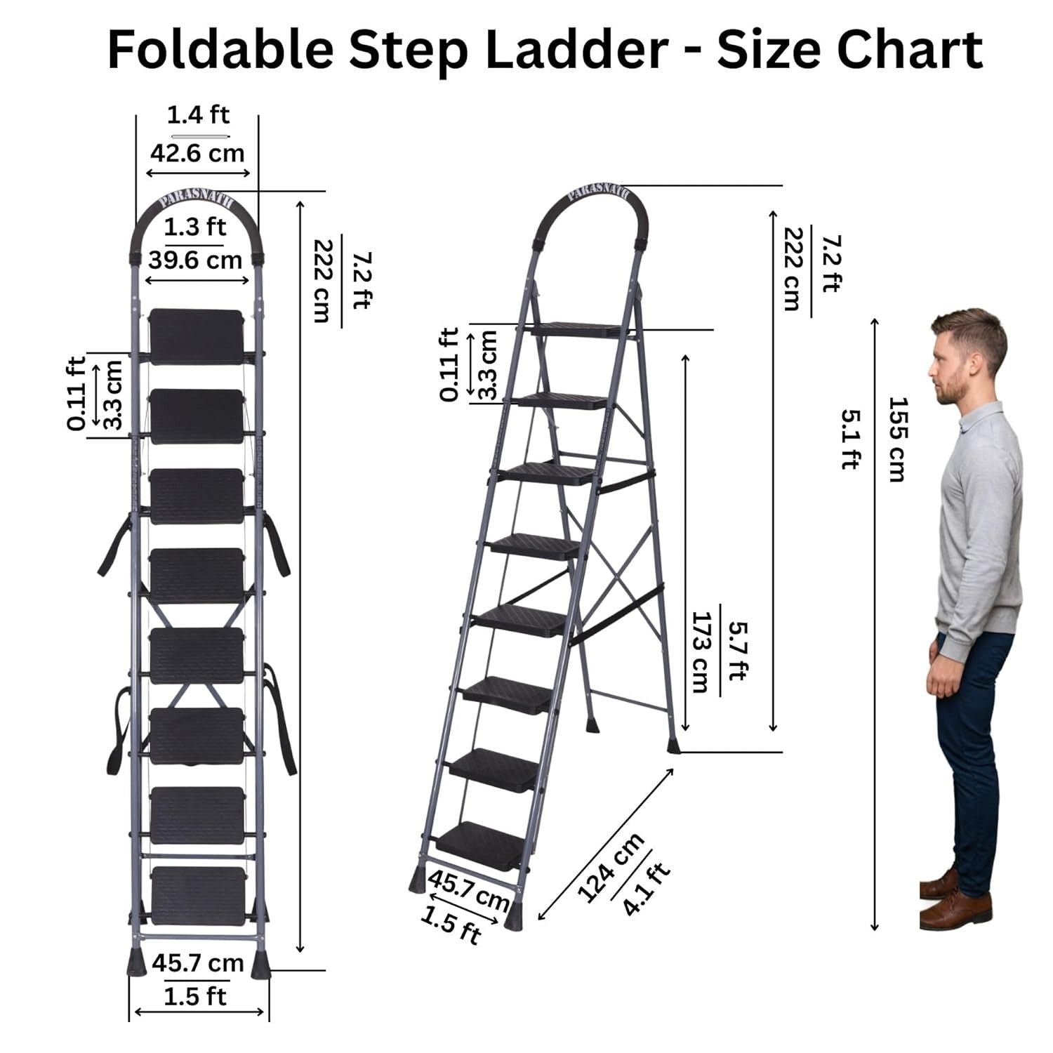 Parasnath GoUp 8 Step Foldable Steel Grey Step Ladder – Heavy-Duty and Lightweight Step Ladder with Anti-Skid Wide Plastic Steps, Safety Handle, High Reach Platform for Home, Kitchen, Office, Warehouse Use - 6 Year Manufacturer Warranty - Made in India - PARASNATH