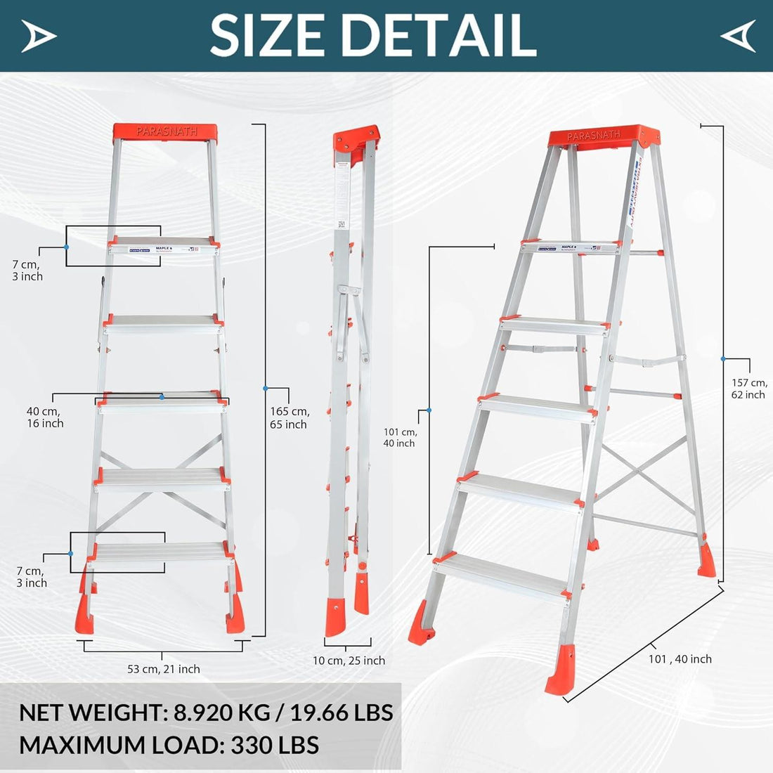 PARASNATH 5 Step EasyDay Folding Ladder – Durable Aluminium Step Ladder with Tool Tray, Non-Slip Steps, Lightweight and Compact for Home, Kitchen, Office Use – 6 Year Warranty – Made in India (Orange & Silver Color) - PARASNATH