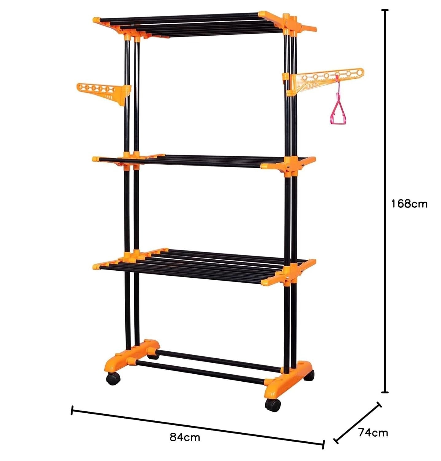 PARASNATH Luxury Black/Orange 2-Pole Steel Cloth Drying Stand with Smooth Breaking Wheels System – Heavy-Duty Durable Drying Rack for Indoor & Outdoor Use, Space-Saving Design, Made in India - PARASNATH
