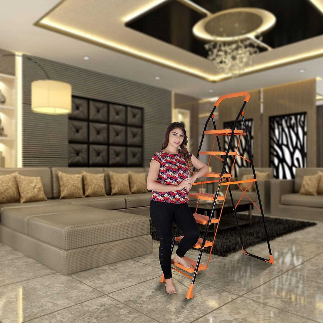 Parasnath Kohinoor 7 Step Heavy-Duty Folding Ladder – Strong Alloy Steel Step Ladder with Wide Anti-Slip Steps, 7.3 Ft Height, Rust-Resistant, Space-Saving Design for Home, Kitchen, Office & Shop Use – Made in India (Orange) - PARASNATH