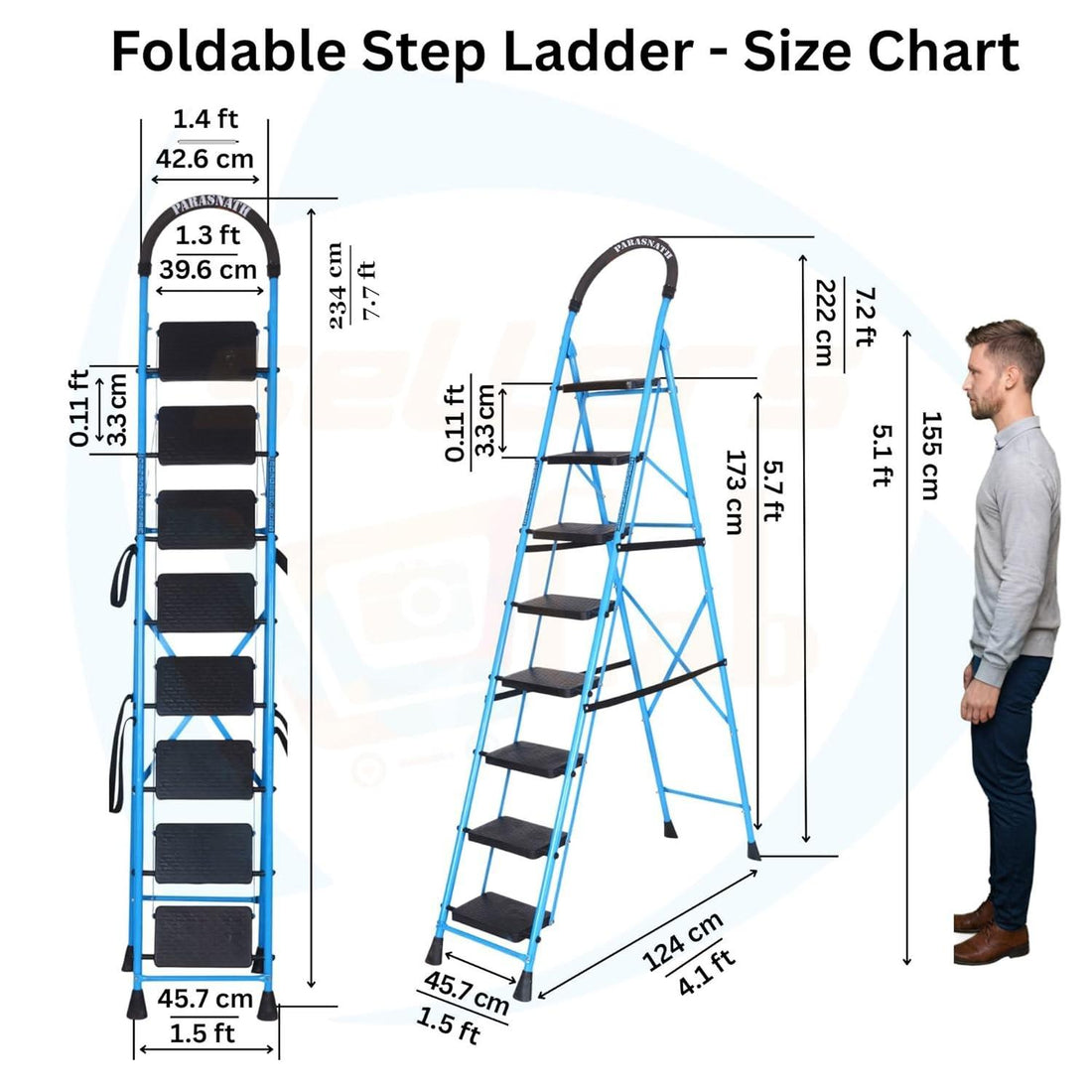 Parasnath GoUp 8 Step Foldable Steel Blue Step Ladder – Heavy-Duty and Lightweight Step Ladder with Anti-Skid Wide Plastic Steps, Safety Handle, High Reach Platform for Home, Kitchen, Office, Warehouse Use - 6 Year Manufacturer Warranty - Made in India - PARASNATH