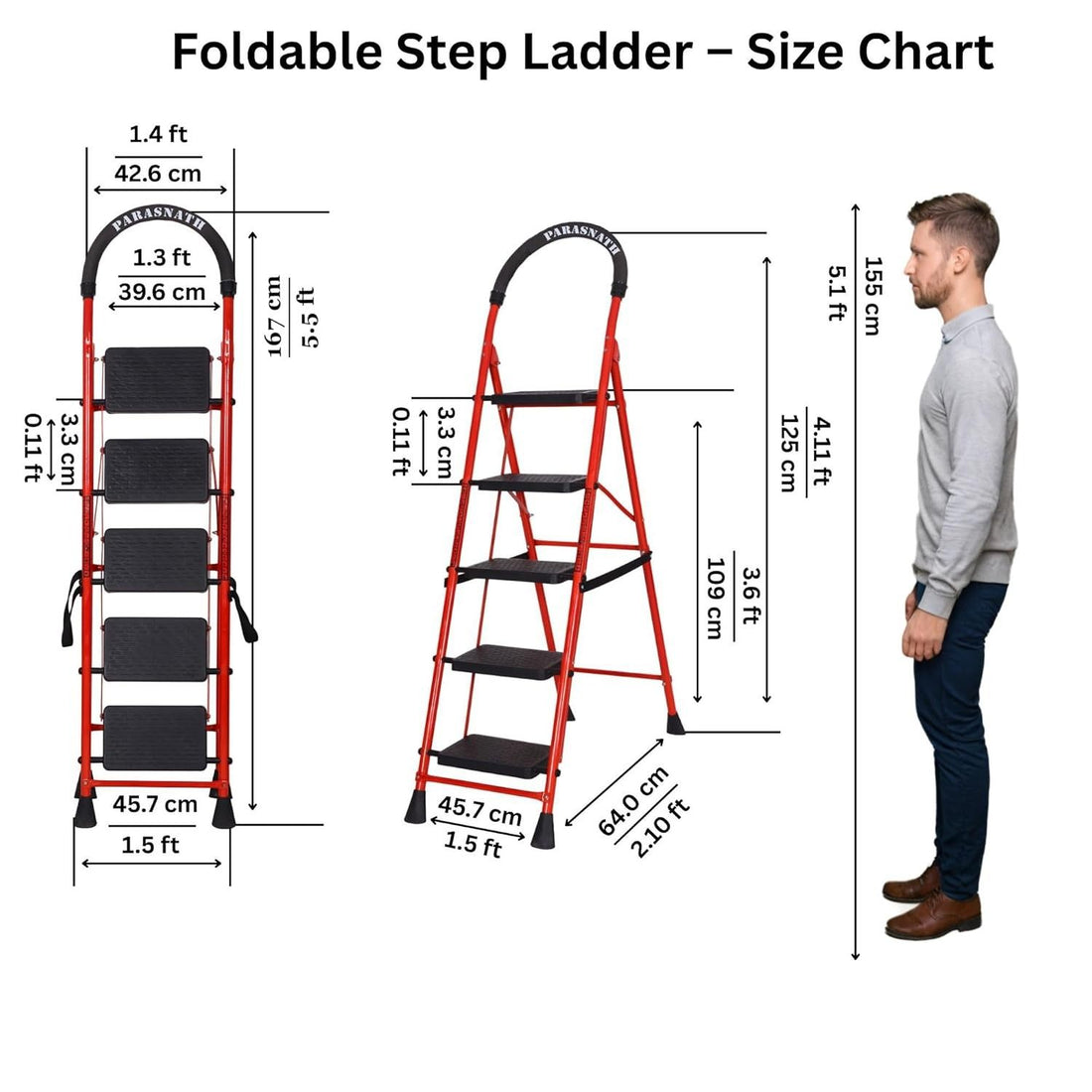 Parasnath GoUp 5 Step Foldable Steel Red Step Ladder – Heavy-Duty and Lightweight Step Ladder with Anti-Skid Wide Plastic Steps, Safety Handle, High Reach Platform for Home, Kitchen, Office, Warehouse Use - 6 Year Manufacturer Warranty - Made in India - PARASNATH