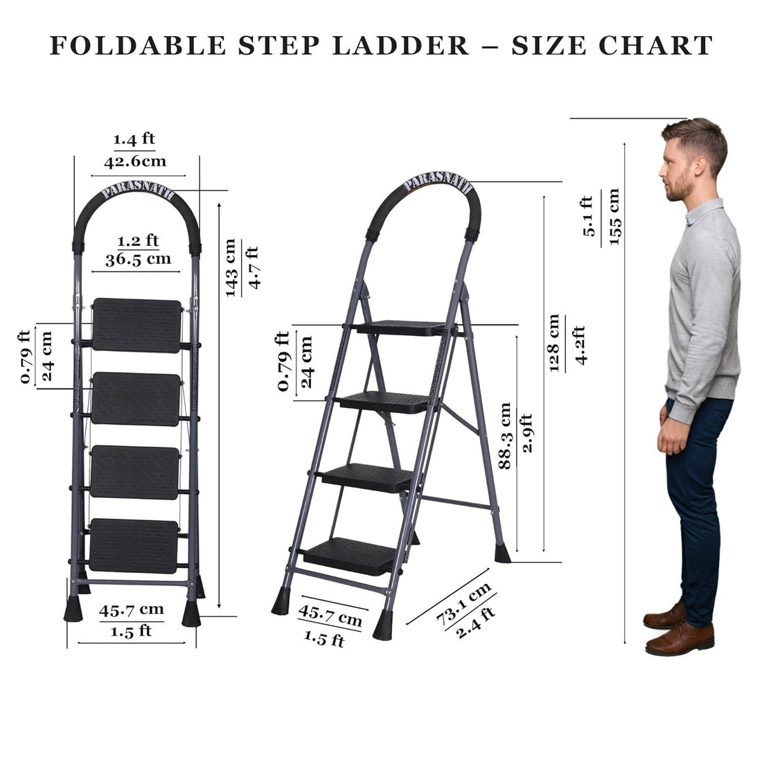 Parasnath GoUp 4 Step Foldable Steel Grey Step Ladder – Heavy-Duty and Lightweight Step Ladder with Anti-Skid Wide Plastic Steps, Safety Handle, High Reach Platform for Home, Kitchen, Office, Warehouse Use - 6 Year Manufacturer Warranty - Made in India - PARASNATH