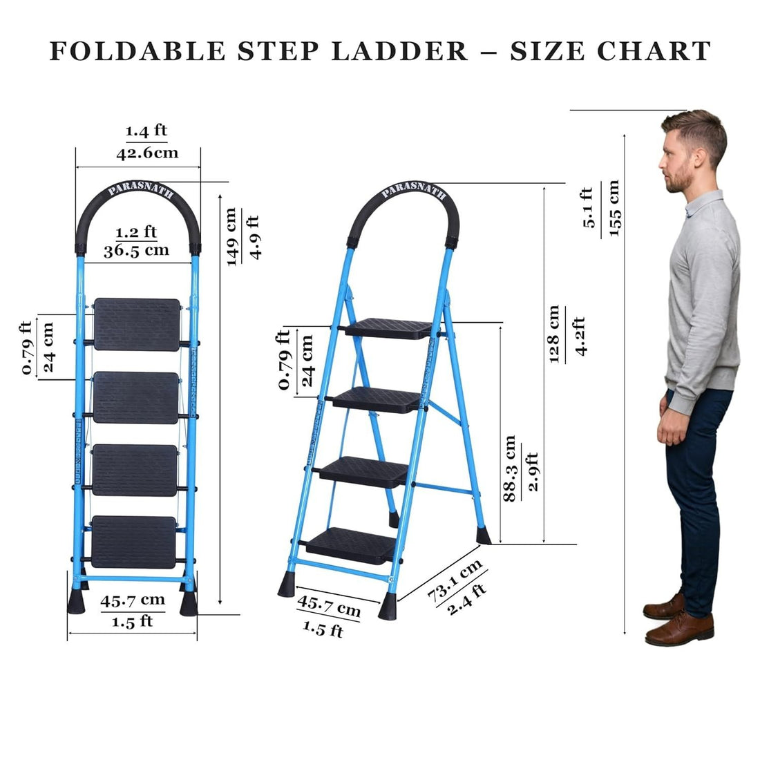 Parasnath GoUp 4 Step Foldable Steel Blue Step Ladder – Heavy-Duty and Lightweight Step Ladder with Anti-Skid Wide Plastic Steps, Safety Handle, High Reach Platform for Home, Kitchen, Office, Warehouse Use - 6 Year Manufacturer Warranty - Made in India - PARASNATH