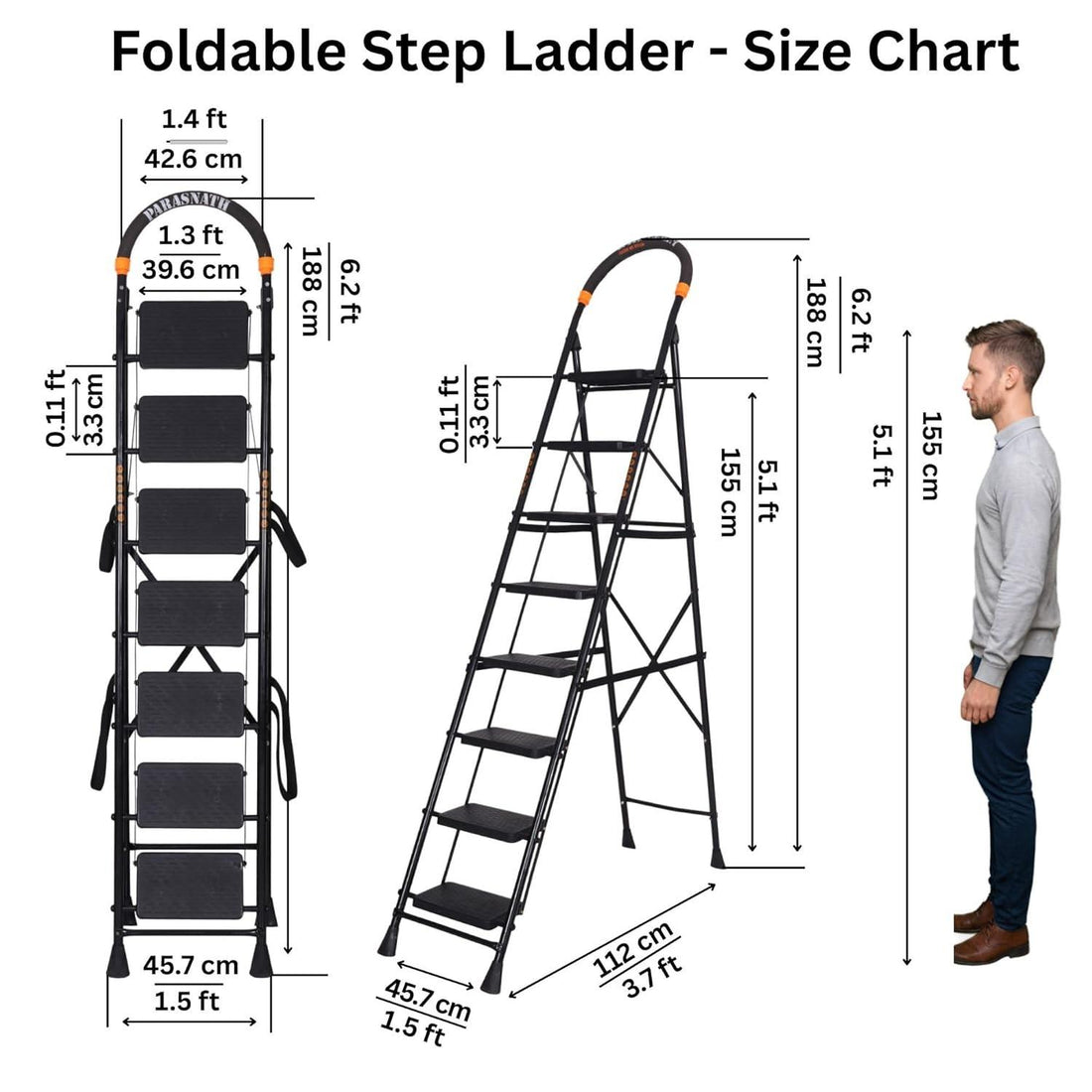 Parasnath GoUp 7 Step Foldable Steel Black Step Ladder – Heavy-Duty and Lightweight Step Ladder with Anti-Skid Wide Plastic Steps, Safety Handle, High Reach Platform for Home, Kitchen, Office, Warehouse Use - 6 Year Manufacturer Warranty - Made in India - PARASNATH
