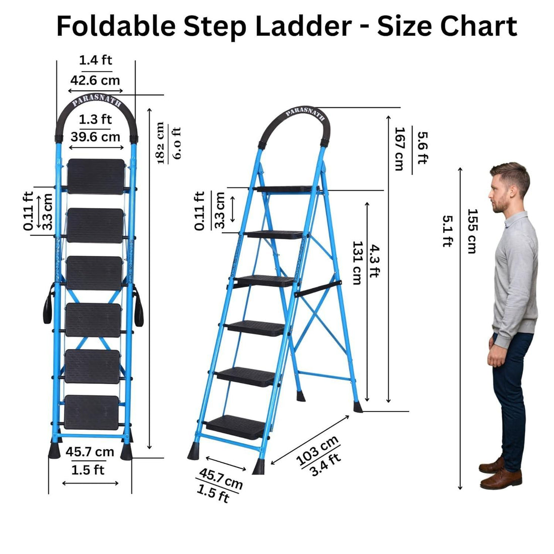 Parasnath GoUp 6 Step Foldable Steel Blue Step Ladder – Heavy-Duty and Lightweight Step Ladder with Anti-Skid Wide Plastic Steps, Safety Handle, High Reach Platform for Home, Kitchen, Office, Warehouse Use - 6 Year Manufacturer Warranty - Made in India - PARASNATH