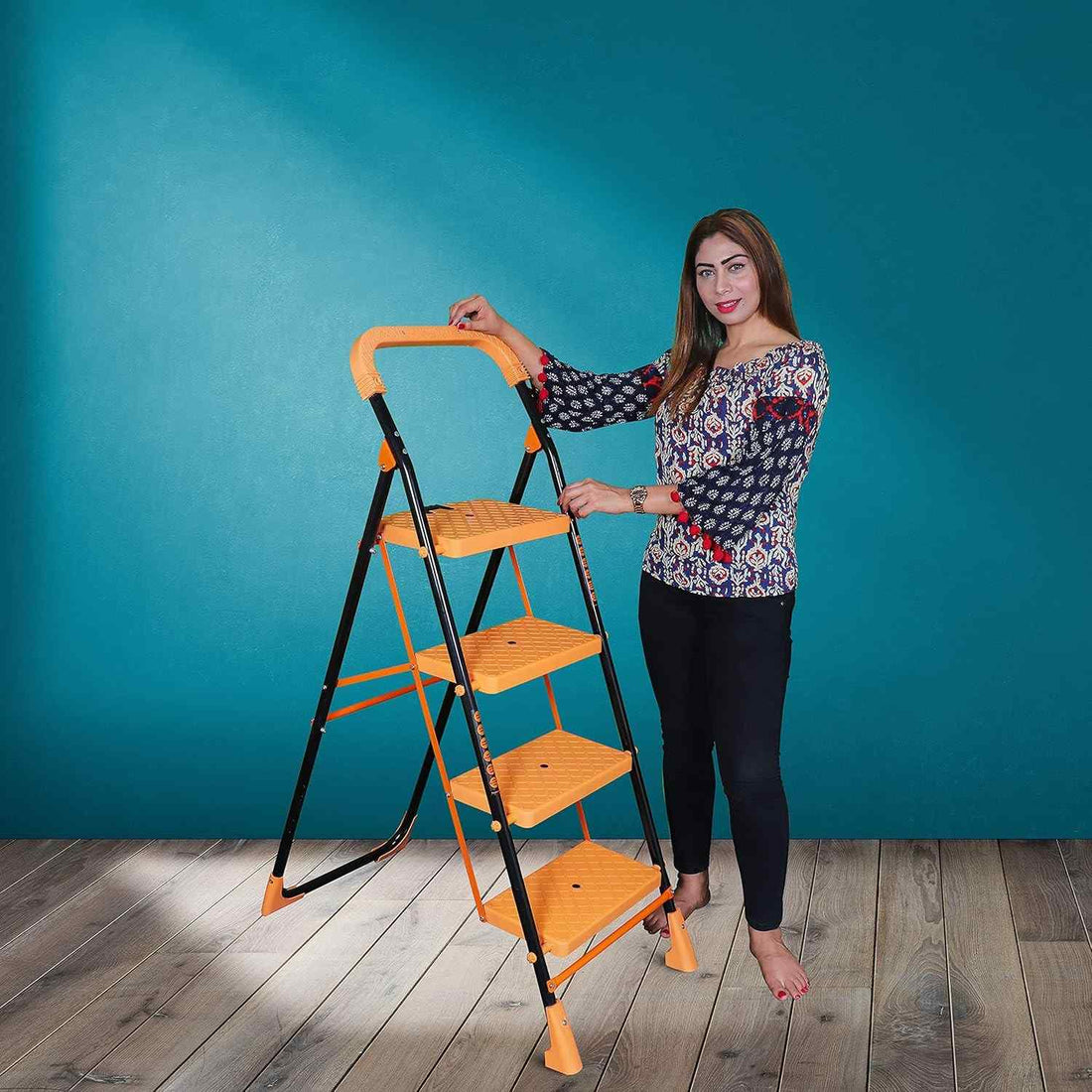 Parasnath Kohinoor 4 Step Heavy-Duty Folding Ladder – Strong Alloy Steel Step Ladder with Wide Anti-Slip Steps, 4.2 Ft Height, Rust-Resistant, Space-Saving Design for Home, Kitchen, Office & Shop Use – Made in India (Orange) - PARASNATH