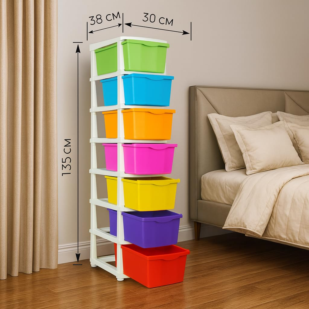PARASNATH Boxo 7 Layer (Multicolour) Multi-Purpose Modular Drawer Storage System for Home and Office with Trolley Wheels and Anti-Slip Shoes - PARASNATH