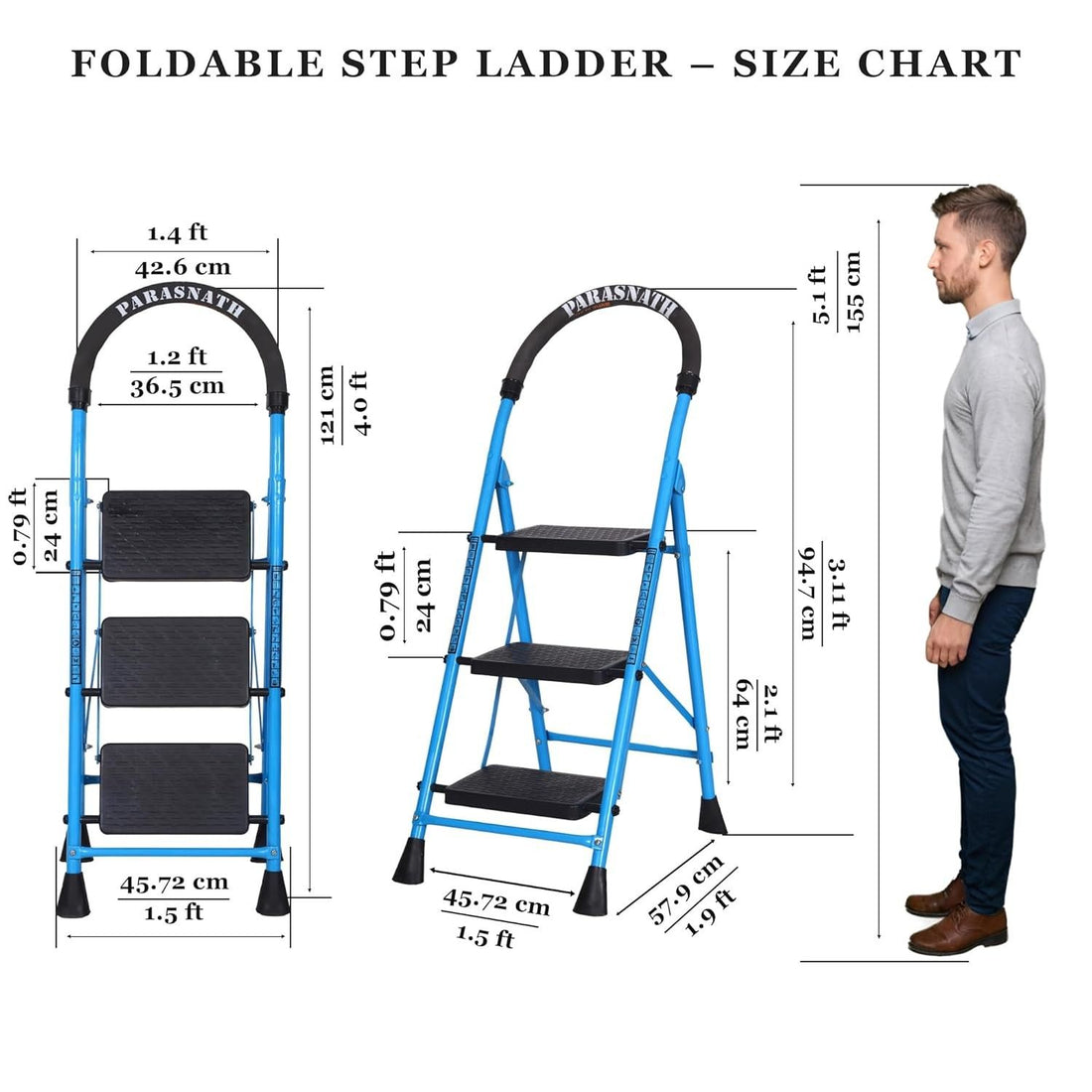 Parasnath GoUp 3 Step Foldable Steel Blue Step Ladder – Heavy-Duty and Lightweight Step Ladder with Anti-Skid Wide Plastic Steps, Safety Handle, High Reach Platform for Home, Kitchen, Office, Warehouse Use - 6 Year Manufacturer Warranty - Made in India - PARASNATH