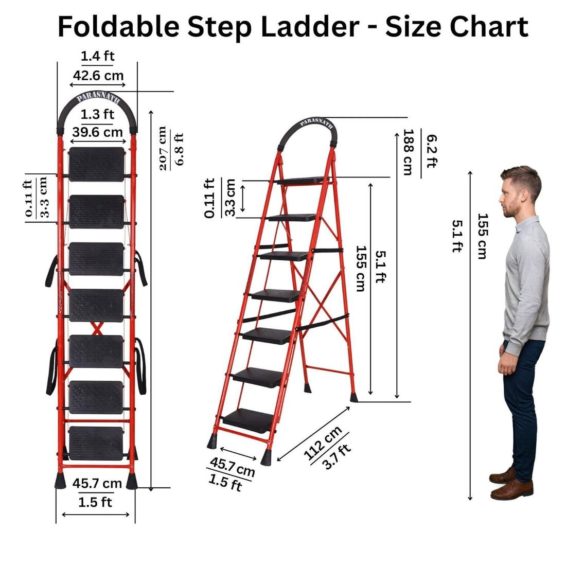 Parasnath GoUp 7 Step Foldable Steel Red Step Ladder – Heavy-Duty and Lightweight Step Ladder with Anti-Skid Wide Plastic Steps, Safety Handle, High Reach Platform for Home, Kitchen, Office, Warehouse Use - 6 Year Manufacturer Warranty - Made in India - PARASNATH