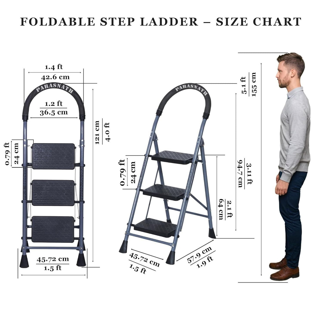 Parasnath GoUp 3 Step Foldable Steel Grey Step Ladder – Heavy-Duty and Lightweight Step Ladder with Anti-Skid Wide Plastic Steps, Safety Handle, High Reach Platform for Home, Kitchen, Office, Warehouse Use - 6 Year Manufacturer Warranty - Made in India - PARASNATH