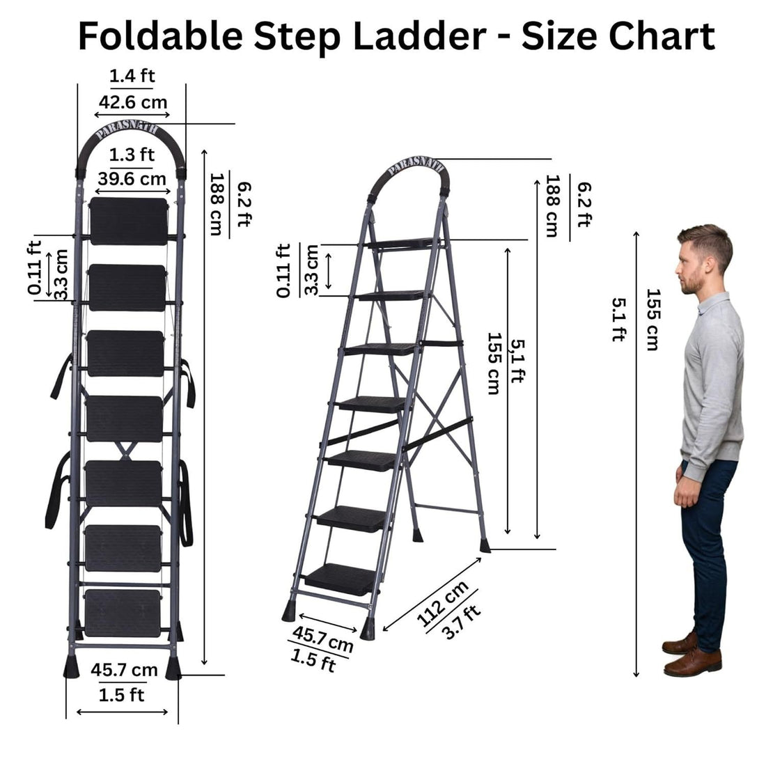 Parasnath GoUp 7 Step Foldable Steel Grey Step Ladder – Heavy-Duty and Lightweight Step Ladder with Anti-Skid Wide Plastic Steps, Safety Handle, High Reach Platform for Home, Kitchen, Office, Warehouse Use - 6 Year Manufacturer Warranty - Made in India - PARASNATH