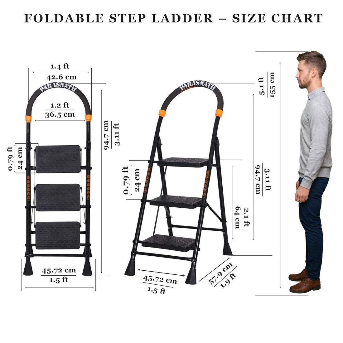Parasnath GoUp 3 Step Foldable Steel Black Step Ladder – Heavy-Duty and Lightweight Step Ladder with Anti-Skid Wide Plastic Steps, Safety Handle, High Reach Platform for Home, Kitchen, Office, Warehouse Use - 6 Year Manufacturer Warranty - Made in India - PARASNATH
