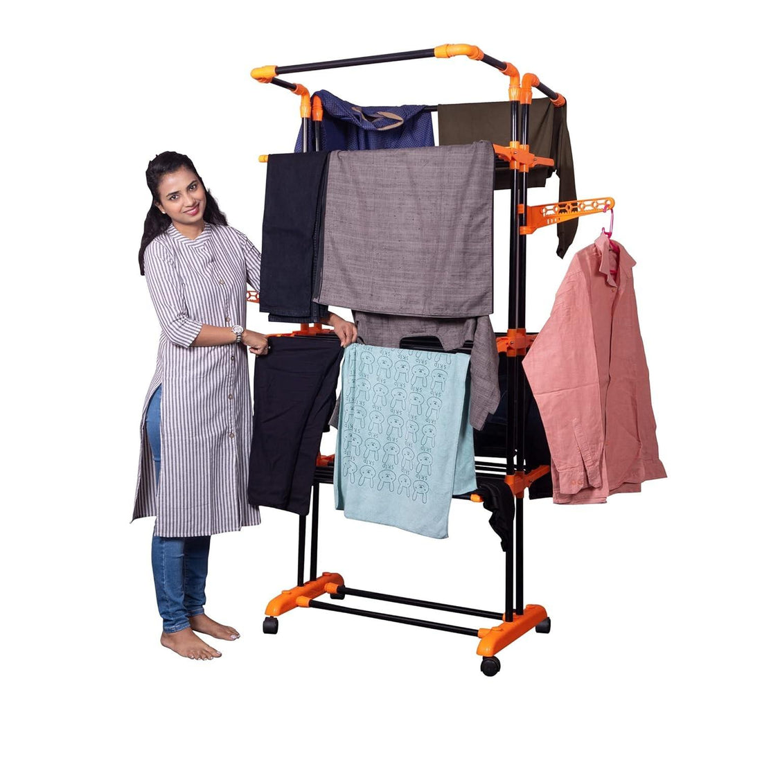 PARASNATH Luxury Black/Orange 3-Pole Steel Cloth Drying Stand with Smooth Breaking Wheels System – Heavy-Duty Durable Drying Rack for Indoor & Outdoor Use, Space-Saving Design, Made in India - PARASNATH