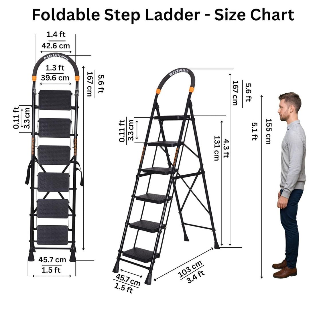 Parasnath GoUp 6 Step Foldable Steel Black Step Ladder – Heavy-Duty and Lightweight Step Ladder with Anti-Skid Wide Plastic Steps, Safety Handle, High Reach Platform for Home, Kitchen, Office, Warehouse Use - 6 Year Manufacturer Warranty - Made in India - PARASNATH