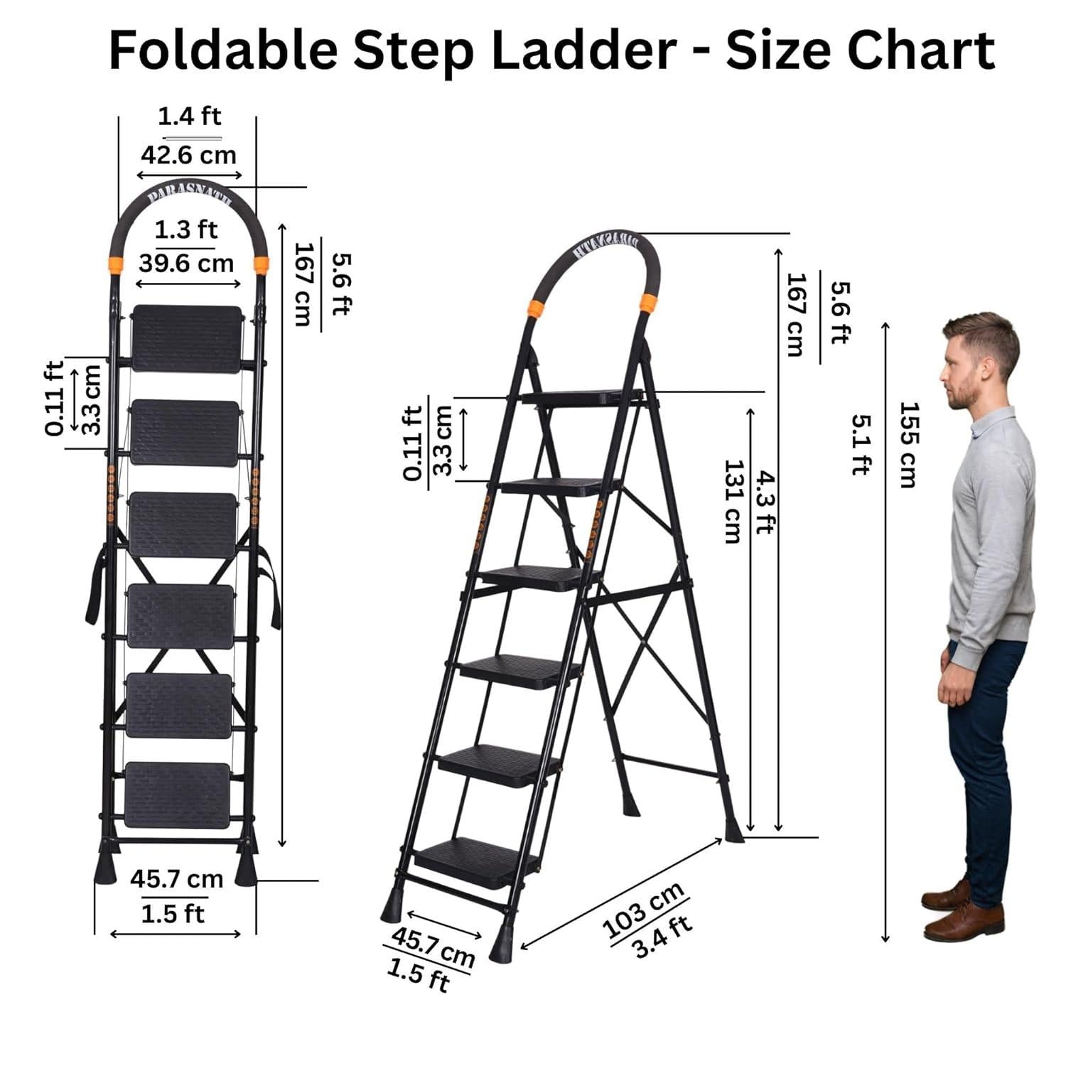 Parasnath GoUp 6 Step Foldable Steel Black Step Ladder – Heavy-Duty and Lightweight Step Ladder with Anti-Skid Wide Plastic Steps, Safety Handle, High Reach Platform for Home, Kitchen, Office, Warehouse Use - 6 Year Manufacturer Warranty - Made in India - PARASNATH