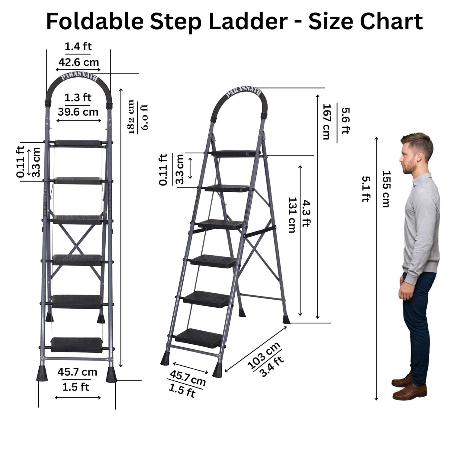 Parasnath GoUp 6 Step Foldable Steel Grey Step Ladder – Heavy-Duty and Lightweight Step Ladder with Anti-Skid Wide Plastic Steps, Safety Handle, High Reach Platform for Home, Kitchen, Office, Warehouse Use - 6 Year Manufacturer Warranty - Made in India - PARASNATH