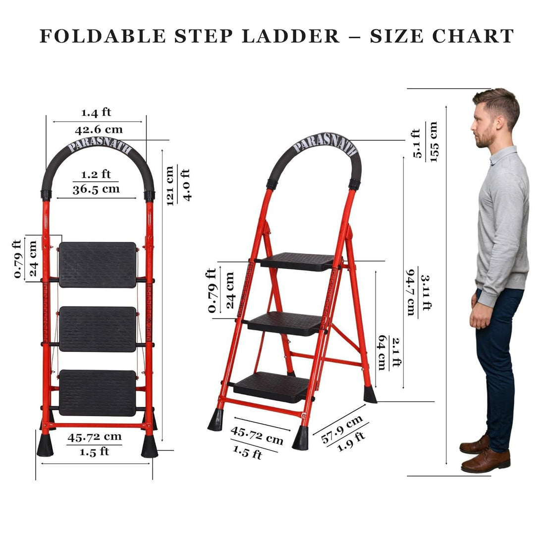 Parasnath GoUp 3 Step Foldable Steel Red Step Ladder – Heavy-Duty and Lightweight Step Ladder with Anti-Skid Wide Plastic Steps, Safety Handle, High Reach Platform for Home, Kitchen, Office, Warehouse Use - 6 Year Manufacturer Warranty - Made in India - PARASNATH