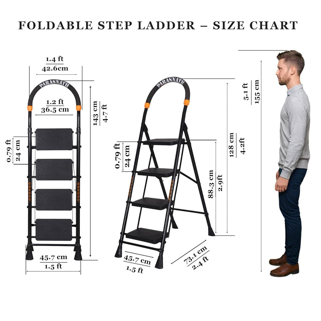 Parasnath GoUp 4 Step Foldable Steel Black Step Ladder – Heavy-Duty and Lightweight Step Ladder with Anti-Skid Wide Plastic Steps, Safety Handle, High Reach Platform for Home, Kitchen, Office, Warehouse Use - 6 Year Manufacturer Warranty - Made in India - PARASNATH