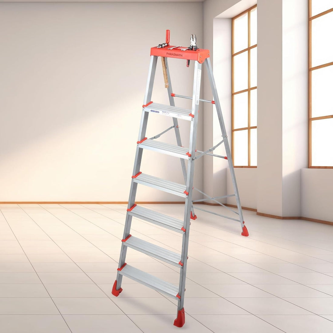 PARASNATH 6 Step EasyDay Folding Ladder – Durable Aluminium Step Ladder with Tool Tray, Non-Slip Steps, Lightweight and Compact for Home, Kitchen, Office Use – 6 Year Warranty – Made in India (Orange & Silver Color) - PARASNATH
