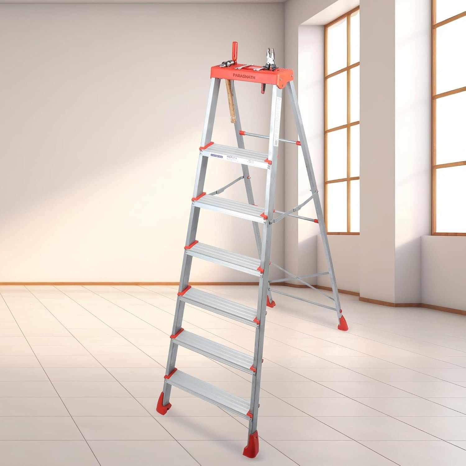 PARASNATH 6 Step EasyDay Folding Ladder – Durable Aluminium Step Ladder with Tool Tray, Non-Slip Steps, Lightweight and Compact for Home, Kitchen, Office Use – 6 Year Warranty – Made in India (Orange & Silver Color) - PARASNATH