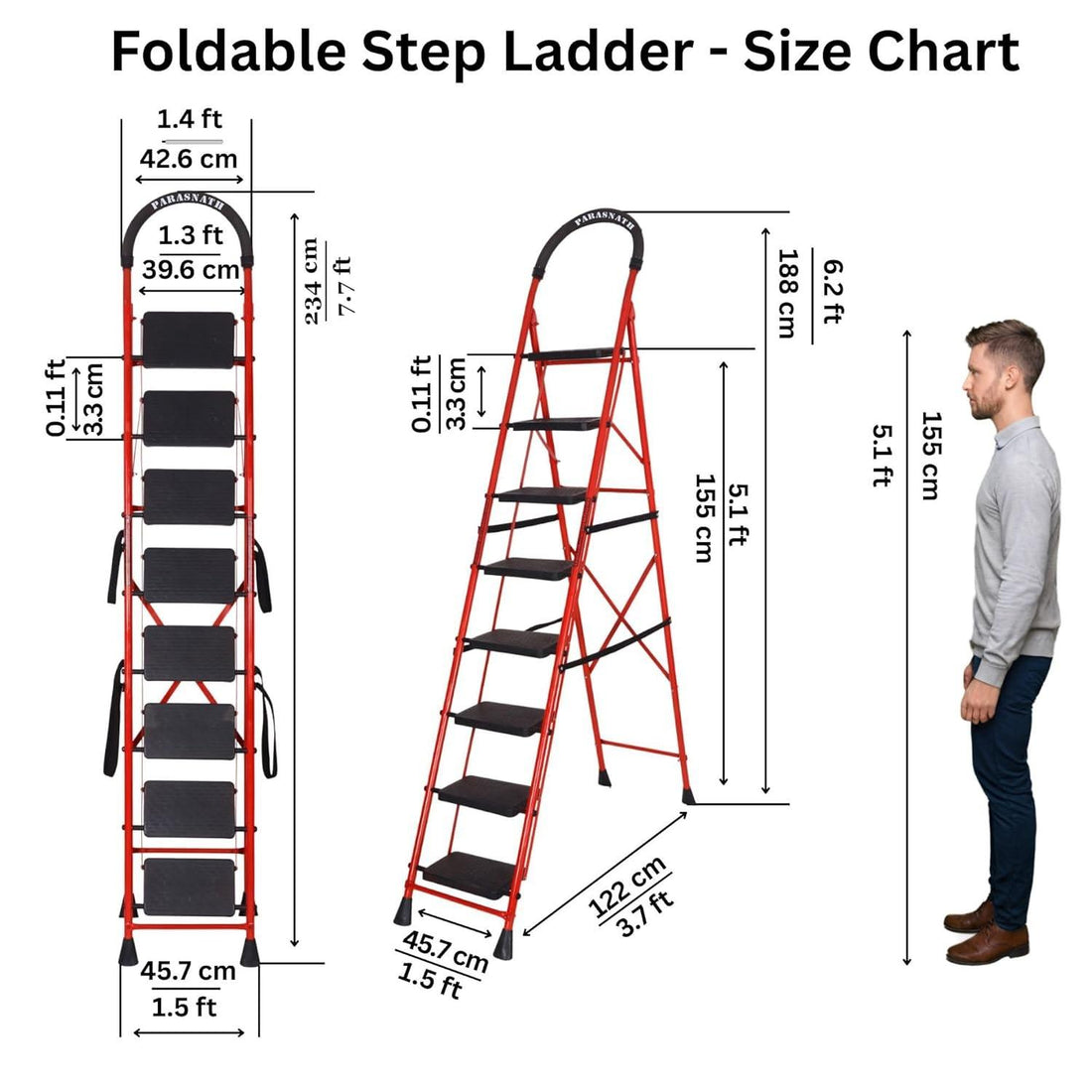 Parasnath GoUp 8 Step Foldable Steel Red Step Ladder – Heavy-Duty and Lightweight Step Ladder with Anti-Skid Wide Plastic Steps, Safety Handle, High Reach Platform for Home, Kitchen, Office, Warehouse Use - 6 Year Manufacturer Warranty - Made in India - PARASNATH