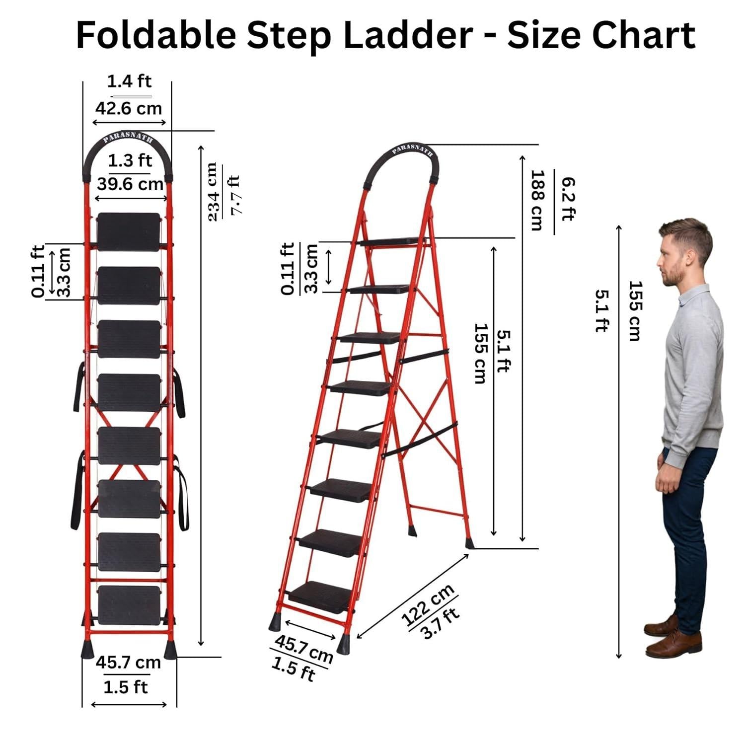 Parasnath GoUp 8 Step Foldable Steel Red Step Ladder – Heavy-Duty and Lightweight Step Ladder with Anti-Skid Wide Plastic Steps, Safety Handle, High Reach Platform for Home, Kitchen, Office, Warehouse Use - 6 Year Manufacturer Warranty - Made in India - PARASNATH