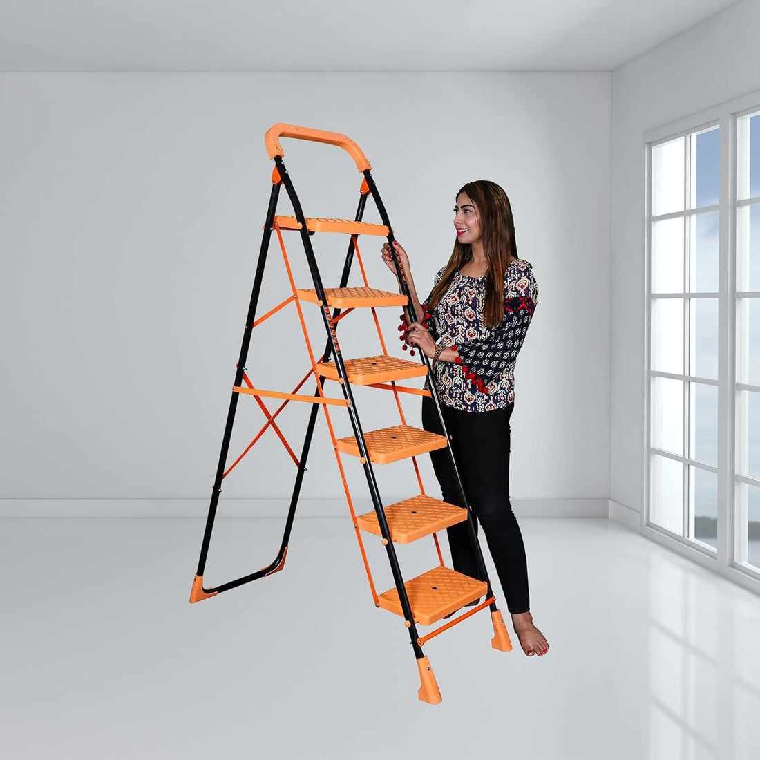 Parasnath Kohinoor 6 Step Heavy-Duty Folding Ladder – Strong Alloy Steel Step Ladder with Wide Anti-Slip Steps, 6.2 Ft Height, Rust-Resistant, Space-Saving Design for Home, Kitchen, Office & Shop Use – Made in India (Orange) - PARASNATH