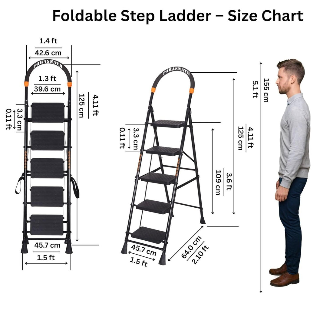 Parasnath GoUp 5 Step Foldable Steel Black Step Ladder – Heavy-Duty and Lightweight Step Ladder with Anti-Skid Wide Plastic Steps, Safety Handle, High Reach Platform for Home, Kitchen, Office, Warehouse Use - 6 Year Manufacturer Warranty - Made in India - PARASNATH