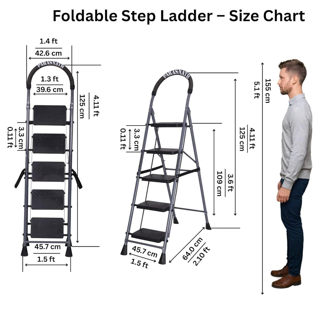 Parasnath GoUp 5 Step Foldable Steel Grey Step Ladder – Heavy-Duty and Lightweight Step Ladder with Anti-Skid Wide Plastic Steps, Safety Handle, High Reach Platform for Home, Kitchen, Office, Warehouse Use - 6 Year Manufacturer Warranty - Made in India - PARASNATH
