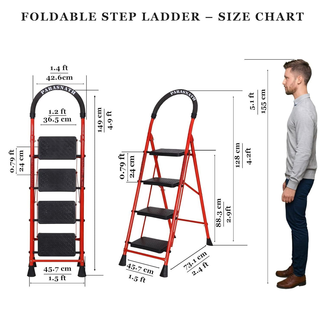 Parasnath GoUp 4 Step Foldable Steel Red Step Ladder – Heavy-Duty and Lightweight Step Ladder with Anti-Skid Wide Plastic Steps, Safety Handle, High Reach Platform for Home, Kitchen, Office, Warehouse Use - 6 Year Manufacturer Warranty - Made in India - PARASNATH