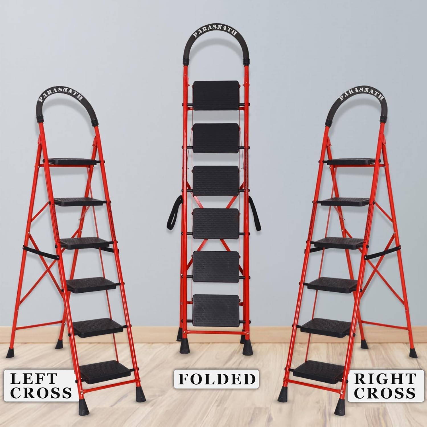 Parasnath GoUp 6 Step Foldable Steel Red Step Ladder – Heavy-Duty and Lightweight Step Ladder with Anti-Skid Wide Plastic Steps, Safety Handle, High Reach Platform for Home, Kitchen, Office, Warehouse Use - 6 Year Manufacturer Warranty - Made in India - PARASNATH
