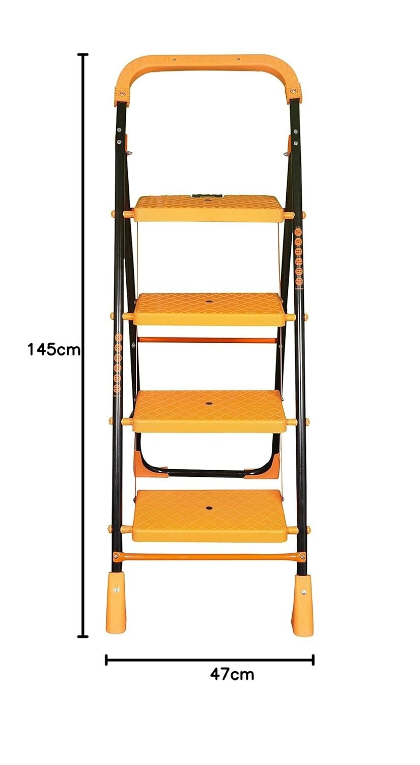 Parasnath Kohinoor 4 Step Heavy-Duty Folding Ladder – Strong Alloy Steel Step Ladder with Wide Anti-Slip Steps, 4.2 Ft Height, Rust-Resistant, Space-Saving Design for Home, Kitchen, Office & Shop Use – Made in India (Orange) - PARASNATH