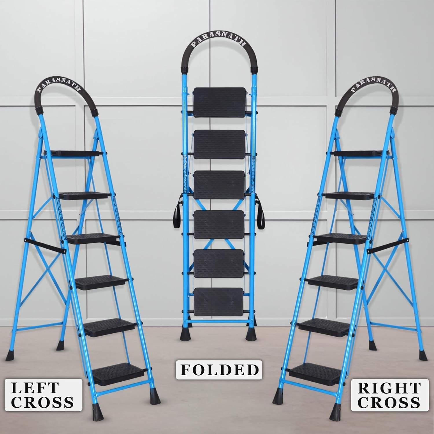 Parasnath GoUp 6 Step Foldable Steel Blue Step Ladder – Heavy-Duty and Lightweight Step Ladder with Anti-Skid Wide Plastic Steps, Safety Handle, High Reach Platform for Home, Kitchen, Office, Warehouse Use - 6 Year Manufacturer Warranty - Made in India - PARASNATH