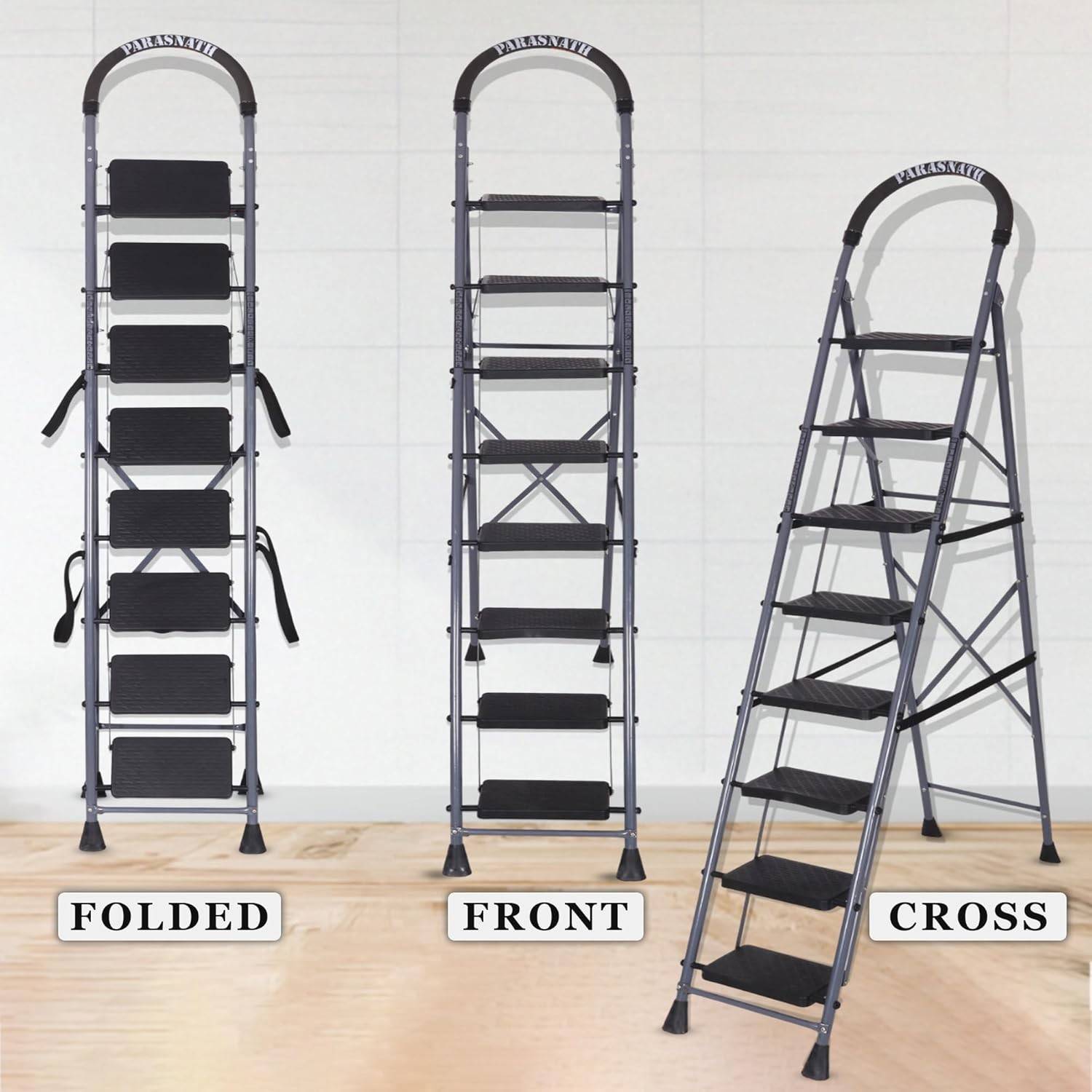 Parasnath GoUp 8 Step Foldable Steel Grey Step Ladder – Heavy-Duty and Lightweight Step Ladder with Anti-Skid Wide Plastic Steps, Safety Handle, High Reach Platform for Home, Kitchen, Office, Warehouse Use - 6 Year Manufacturer Warranty - Made in India - PARASNATH