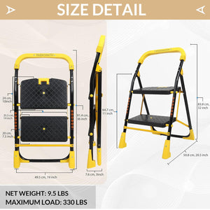 Parasnath 2 Step Yellow Diamond Mild Steel Foldable Ladder for Home - Wide Anti Skid Plastic Step Ladder for Extra Gripping 2.3 FT Ladder - Made in India - PARASNATH