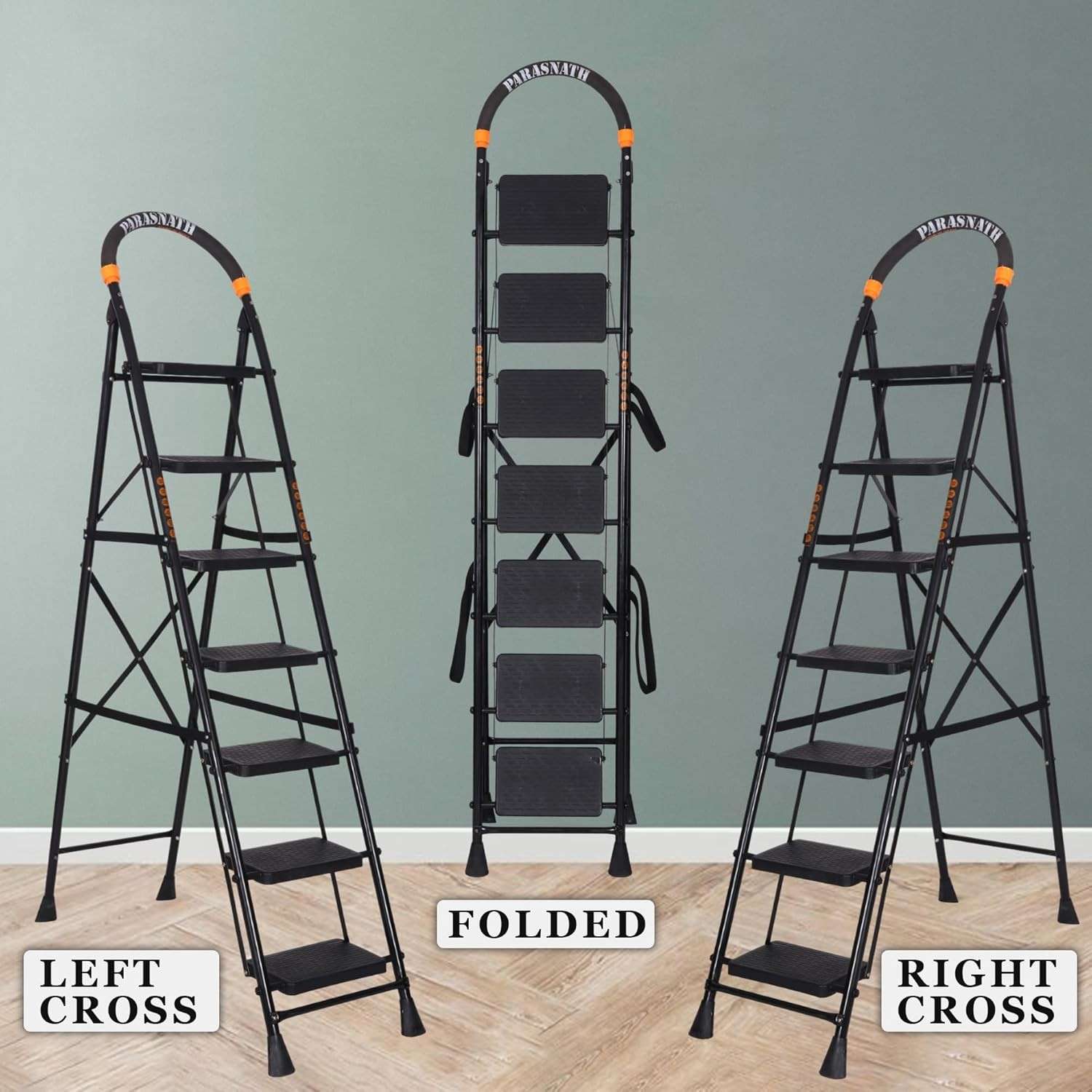 Parasnath GoUp 7 Step Foldable Steel Black Step Ladder – Heavy-Duty and Lightweight Step Ladder with Anti-Skid Wide Plastic Steps, Safety Handle, High Reach Platform for Home, Kitchen, Office, Warehouse Use - 6 Year Manufacturer Warranty - Made in India - PARASNATH