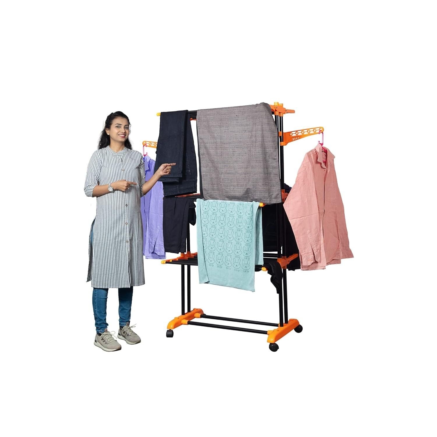 PARASNATH Luxury Black/Orange 2-Pole Steel Cloth Drying Stand with Smooth Breaking Wheels System – Heavy-Duty Durable Drying Rack for Indoor & Outdoor Use, Space-Saving Design, Made in India - PARASNATH