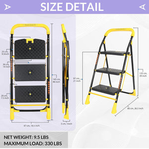 Parasnath 3 Step Yellow Diamond Mild Steel Foldable Ladder for Home - Wide Anti Skid Plastic Step Ladder for Extra Gripping (Yellow &amp; Black Colour) 3.3 FT Ladder - Made in India - PARASNATH