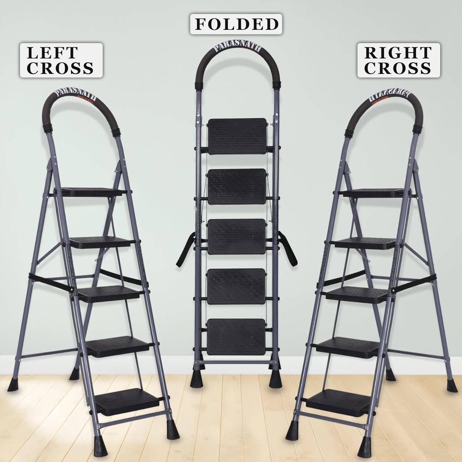 Parasnath GoUp 5 Step Foldable Steel Grey Step Ladder – Heavy-Duty and Lightweight Step Ladder with Anti-Skid Wide Plastic Steps, Safety Handle, High Reach Platform for Home, Kitchen, Office, Warehouse Use - 6 Year Manufacturer Warranty - Made in India - PARASNATH