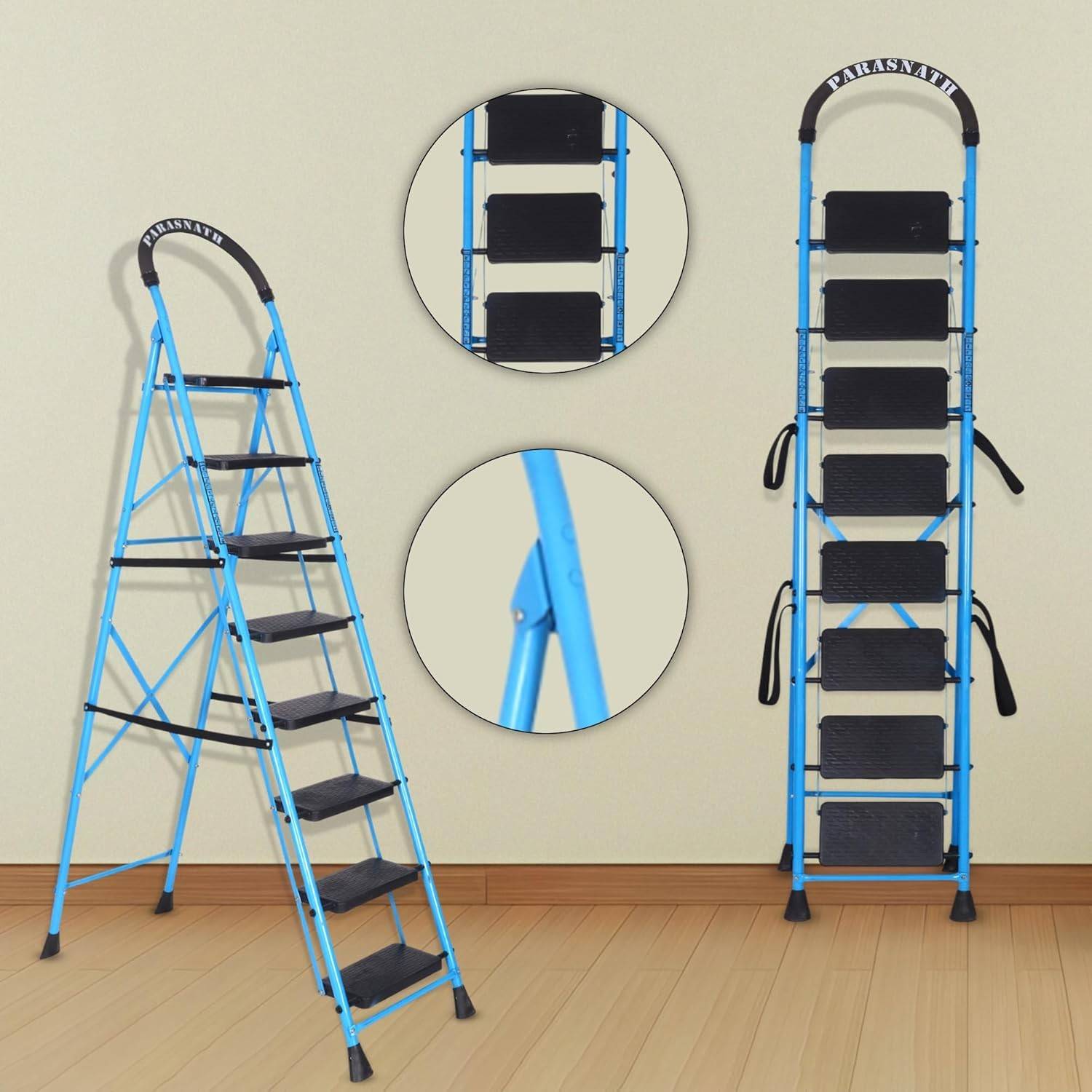 Parasnath GoUp 8 Step Foldable Steel Blue Step Ladder – Heavy-Duty and Lightweight Step Ladder with Anti-Skid Wide Plastic Steps, Safety Handle, High Reach Platform for Home, Kitchen, Office, Warehouse Use - 6 Year Manufacturer Warranty - Made in India - PARASNATH