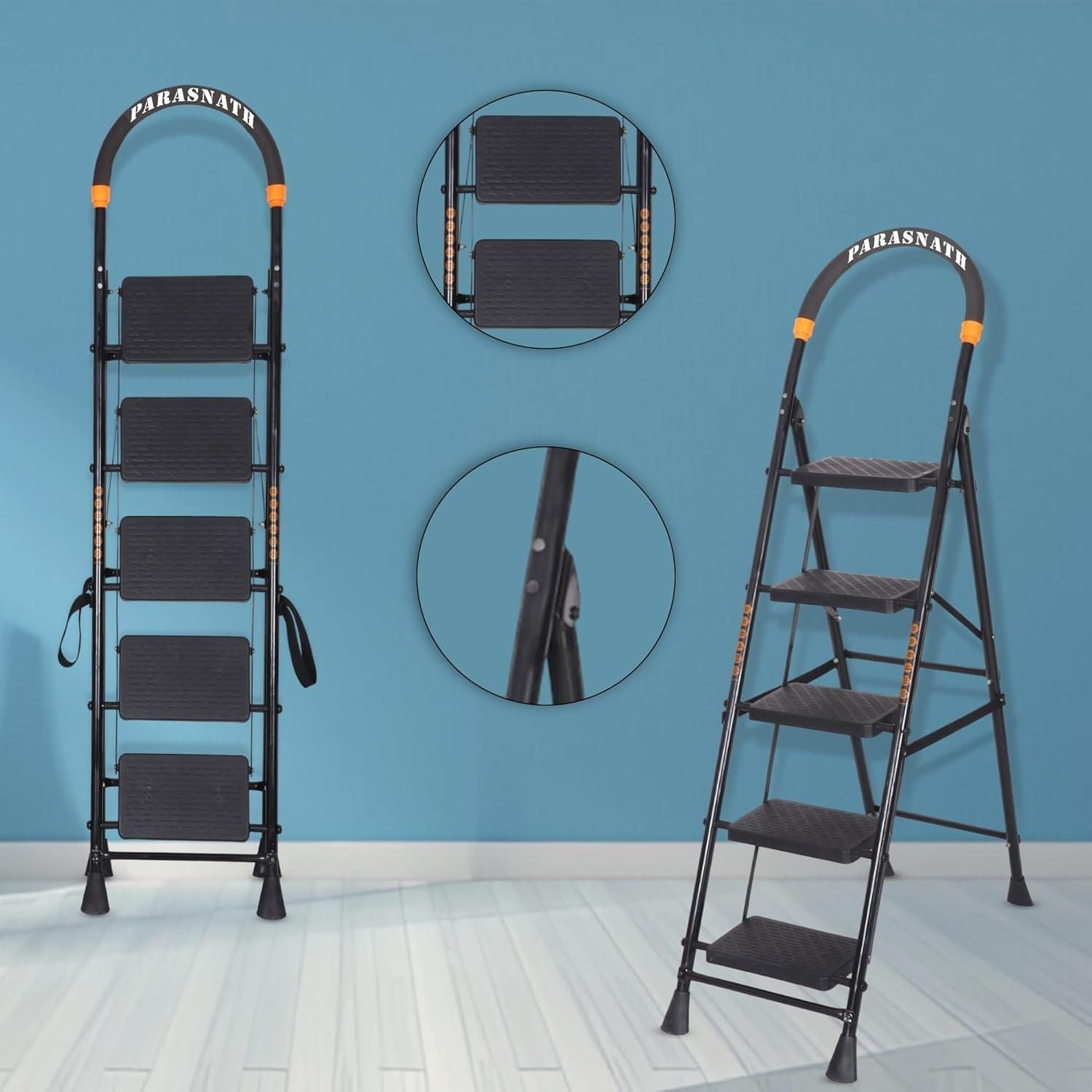 Parasnath GoUp 5 Step Foldable Steel Black Step Ladder – Heavy-Duty and Lightweight Step Ladder with Anti-Skid Wide Plastic Steps, Safety Handle, High Reach Platform for Home, Kitchen, Office, Warehouse Use - 6 Year Manufacturer Warranty - Made in India - PARASNATH