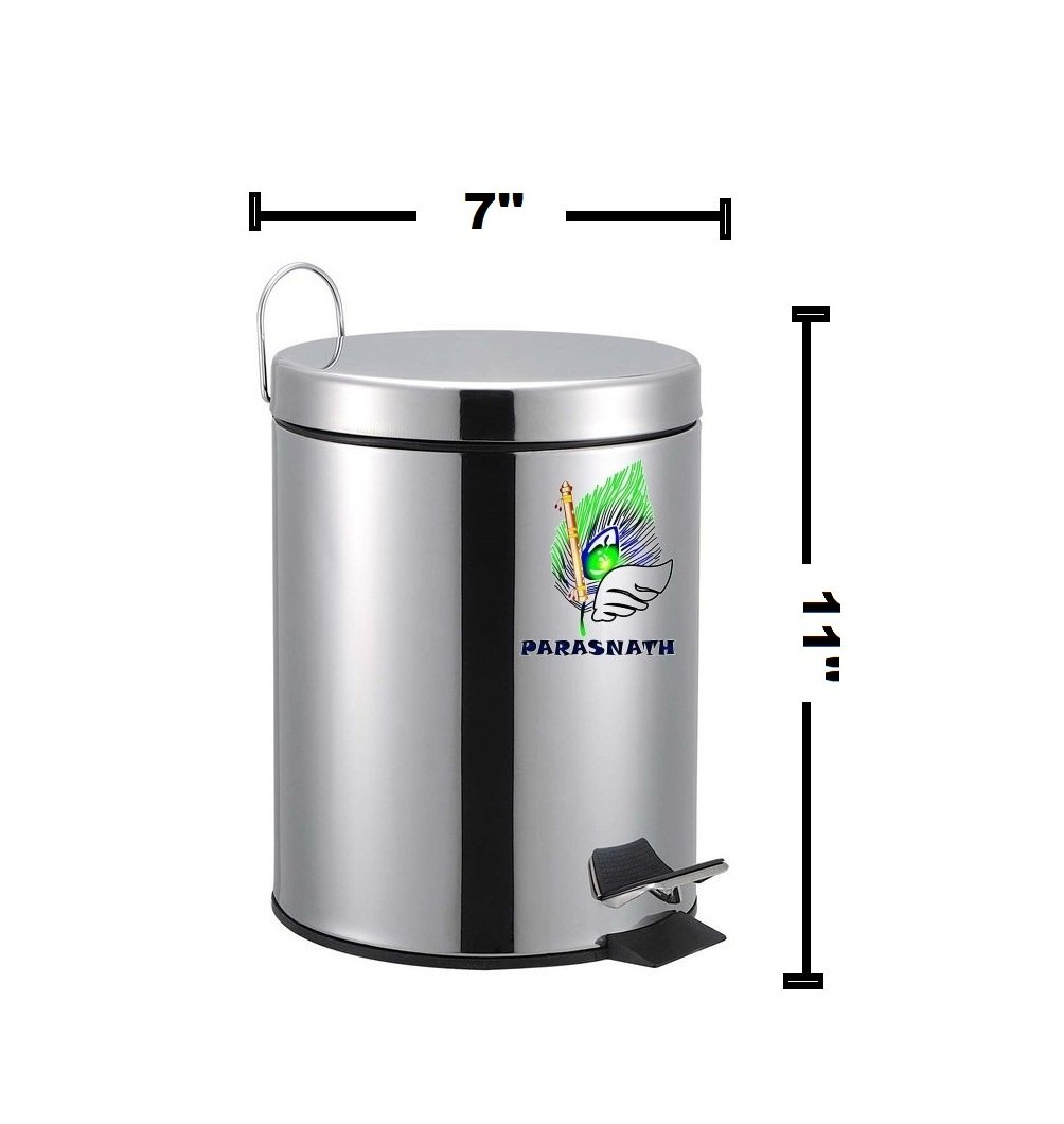 Parasnath Stainless Steel Plain Pedal Dustbin With Plastic Bucket (7''X11''- 5 Liter) - PARASNATH