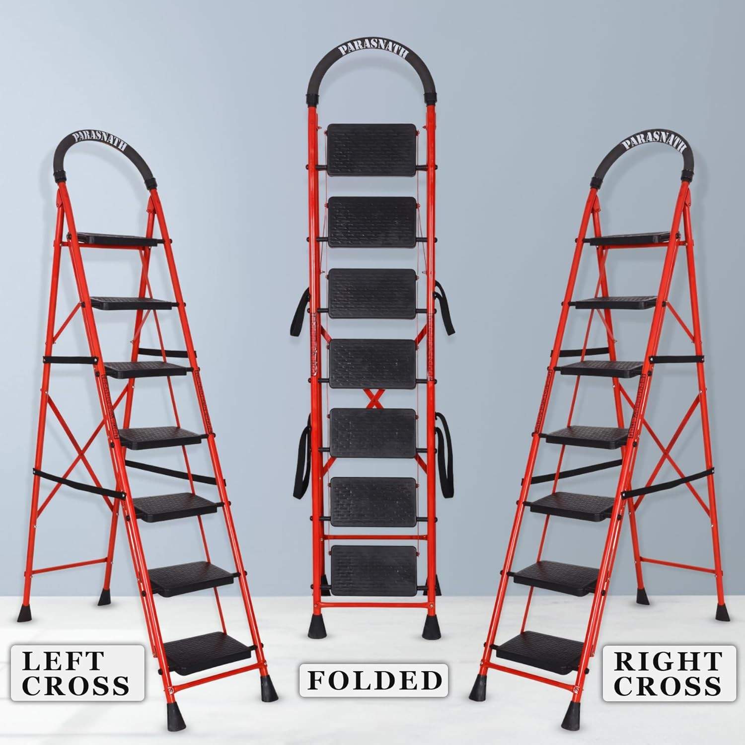 Parasnath GoUp 7 Step Foldable Steel Red Step Ladder – Heavy-Duty and Lightweight Step Ladder with Anti-Skid Wide Plastic Steps, Safety Handle, High Reach Platform for Home, Kitchen, Office, Warehouse Use - 6 Year Manufacturer Warranty - Made in India - PARASNATH