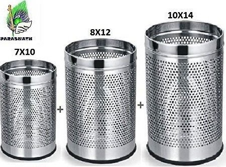 PARASNATH Stainless Steel Perforated Open Dustbin/ Garbage Bin Small, Medium and Large (Silver)- Set of 3 - PARASNATH
