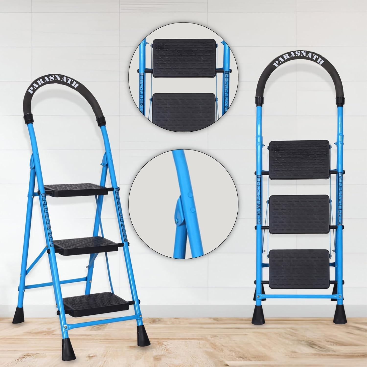 Parasnath GoUp 3 Step Foldable Steel Blue Step Ladder – Heavy-Duty and Lightweight Step Ladder with Anti-Skid Wide Plastic Steps, Safety Handle, High Reach Platform for Home, Kitchen, Office, Warehouse Use - 6 Year Manufacturer Warranty - Made in India - PARASNATH