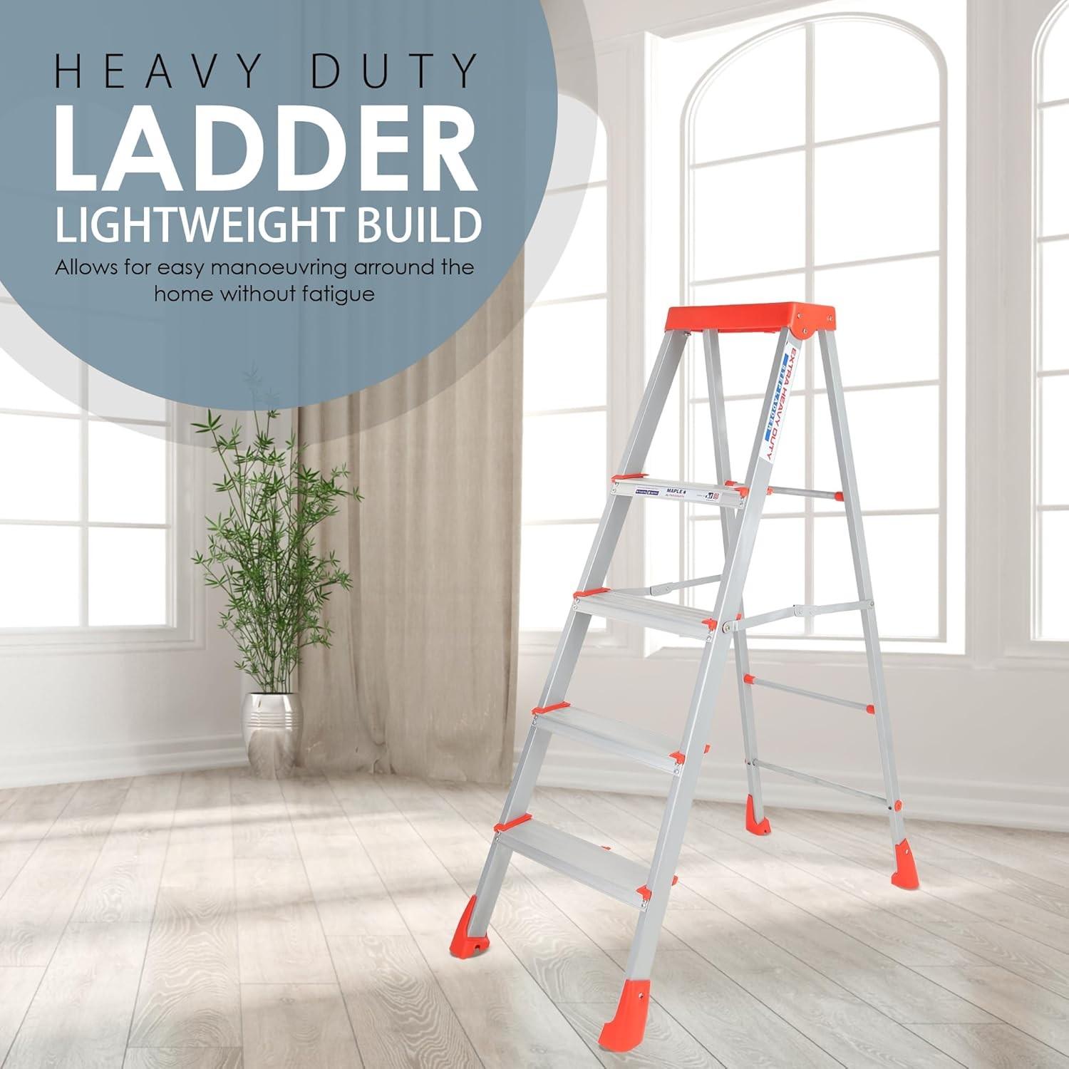 Parasnath 4 Step EasyDay Folding Ladder – Durable Aluminium Step Ladder with Tool Tray, Non-Slip Steps, Lightweight and Compact for Home, Kitchen, Office Use – 6 Year Warranty – Made in India (Orange & Silver Color) - PARASNATH